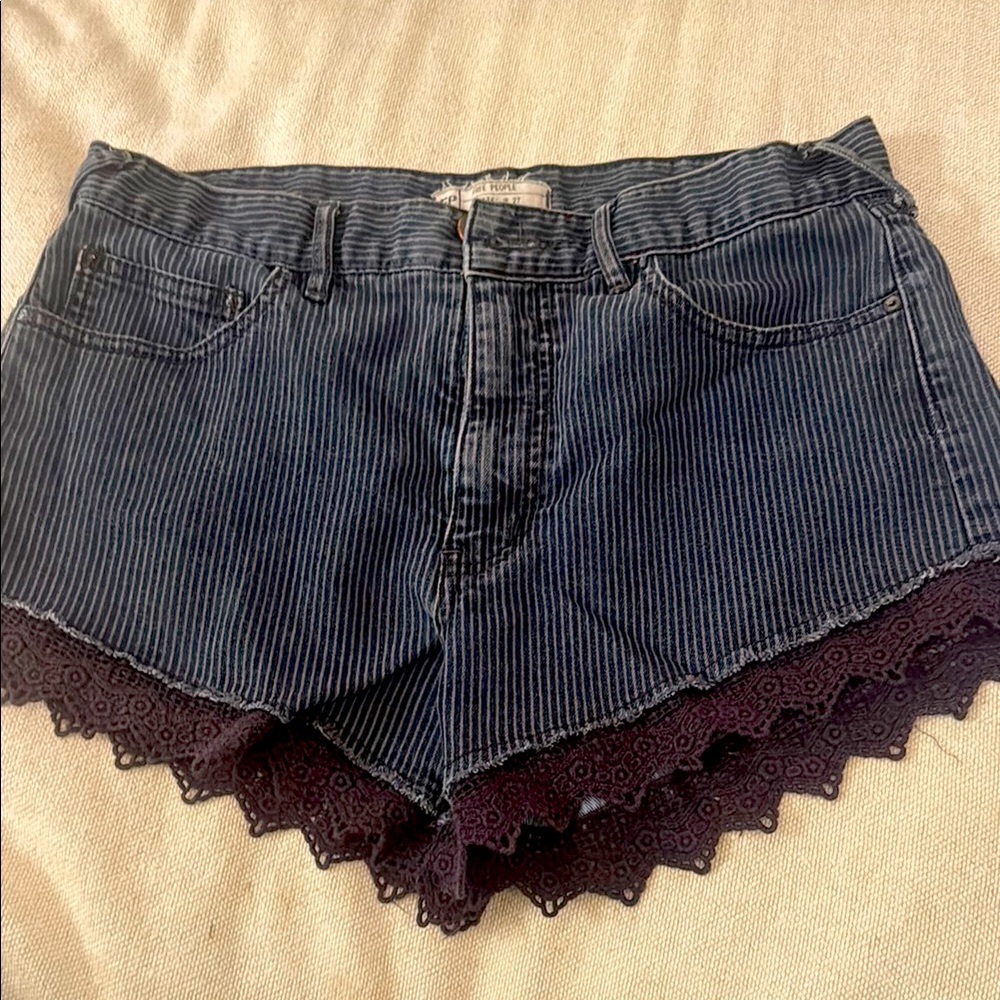 Free People Blue Jean Shorts with Lace Trim